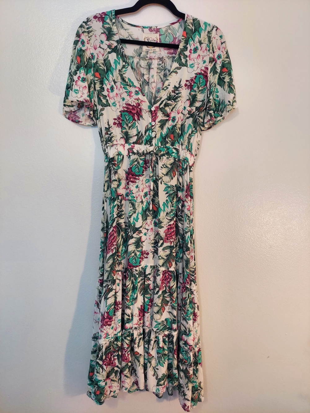Anthropologie Sunday Mi Amor Floral V-Neck Maxi Dress in Green and Pink Size S